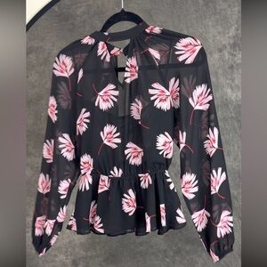 Express Black Sheer Floral Peplum Blouse | XS